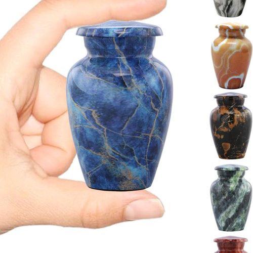 Marble Finish Keepsake Sharing Urn – Mini Metal Cremation Urn for Human or Pet Ashes – Small Memorial Token Urn with Velvet Bag & Funnel – A Perfect Tribute & Gift for Families (Exotic Blue)
