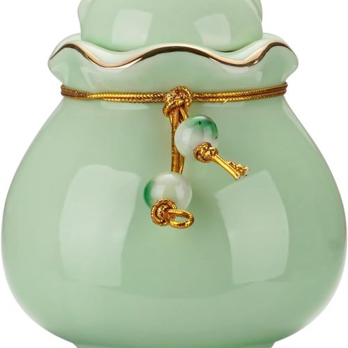 Pet Memorial Urn for Cat or Dog Ashes - 3.54"x3.15" Elegant Ceramic Keepsake Holder with Pet-Shaped Lid & Gold Trim, Small Cyan Urn for Pet Ashes Portable Size Urns