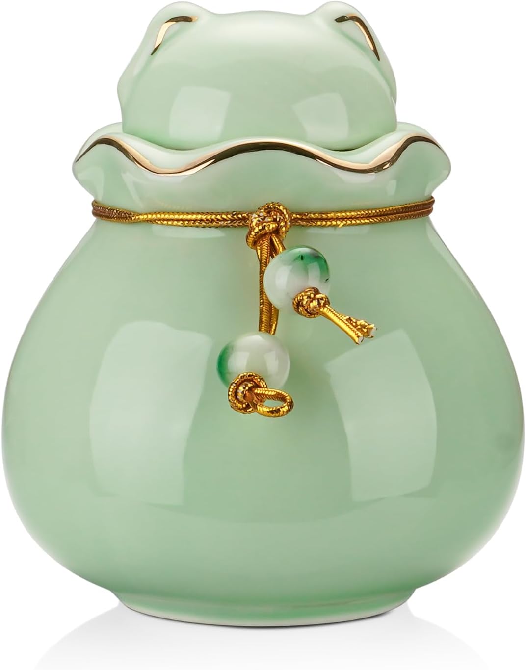 Pet Memorial Urn for Cat or Dog Ashes - 3.54"x3.15" Elegant Ceramic Keepsake Holder with Pet-Shaped Lid & Gold Trim, Small Cyan Urn for Pet Ashes Portable Size Urns