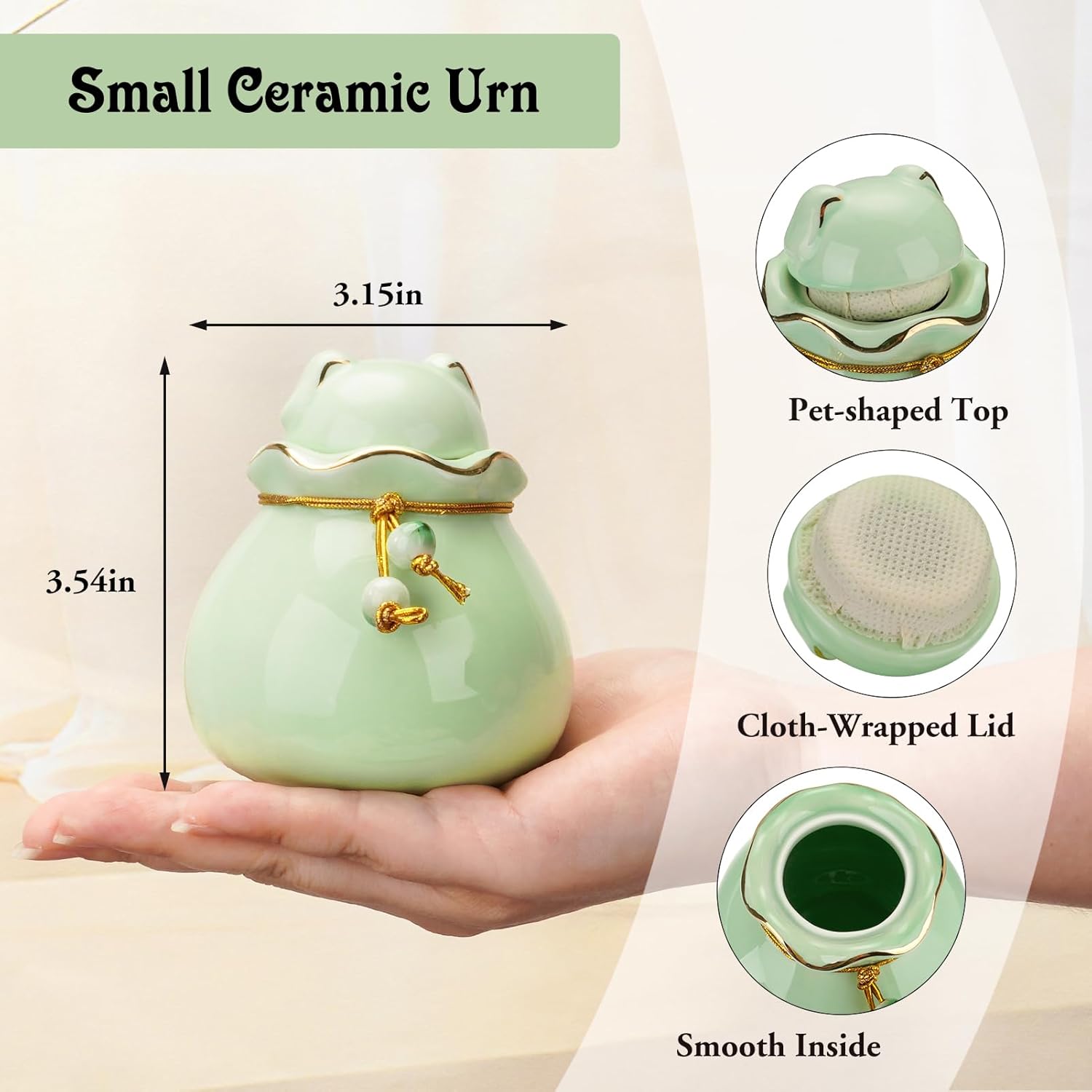 Pet Memorial Urn for Cat or Dog Ashes - 3.54"x3.15" Elegant Ceramic Keepsake Holder with Pet-Shaped Lid & Gold Trim, Small Cyan Urn for Pet Ashes Portable Size Urns - Image 2
