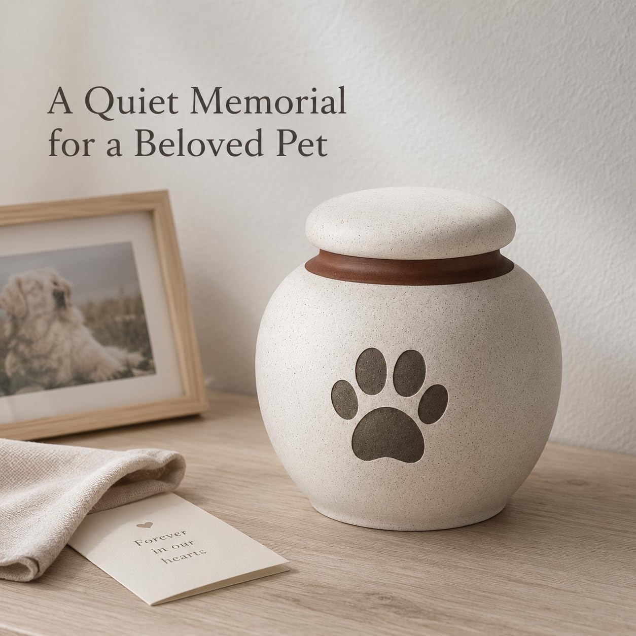 Small Pet Urn for Ashes, Dog Urn and Cat Cremation Urn, White Ceramic Paw Print Memorial Keepsake Urn with Cloth-Lined Lid, 350 mL / 21.4 Cubic Inches, for Small Dogs and Cats up to 20 lbs - Image 2