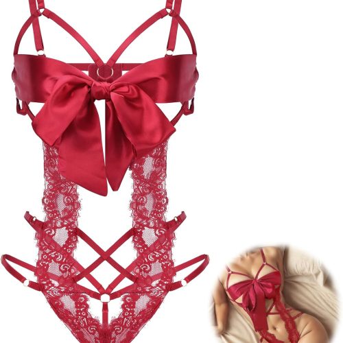 Women Sexy Lingerie Set  Bow Tie Lingerie Lace Smooth Ribbon Lingerie for Ladies Valentines Outfit