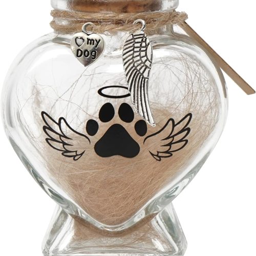 Pet Memorial Gift for Loss of Dog or Cat, Heart Shape Glass Jar & Bottle for Fur, Hair, Whiskers or Ashes Keepsake Urn with Cork Top, Charms for Cute Rainbow Bridge Memorial, Dog