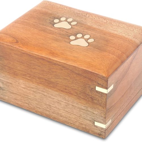 Wooden Small Cremation Pet Urn for Dog and Cat Ashes Box | Handmade Wood Memorial Pet Urn | Brass Paws Inlaid | Pet Memorial | Funeral Urns for Pet Ashes | Mini Keepsake | up to 12 Pounds