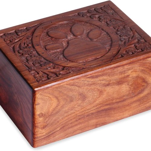 Wooden Urn Box for Pet Ashes, Cremation Funeral Paw Print Box, Pet Memorial Decorative Urn for Dog, Keepsake Burial Ash (Extra Small)