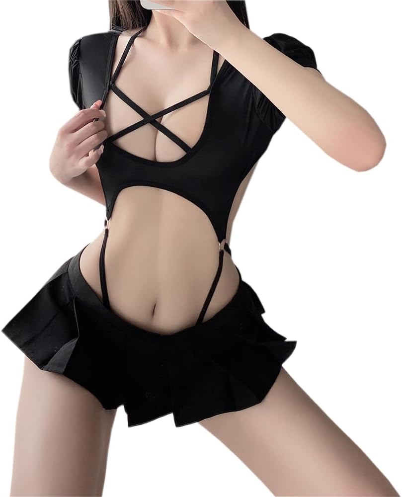 513sl7kd8UL._AC_SL1000_.jpg sexy Swimsuit outfit for women lingerie sailor costume Japanese Anime Cute Schoolgirl Roleplay Cutout Kawaii Bodysuit Navy JK Uniform Dress top Ruff edge Mini Skirt Thong Set black - Image 1