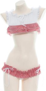 Women's Cute Sexy Japanese JK Anime  Lingerie Set Sexy Ruffle Plaid Crop Top and Panty Red - Image 2