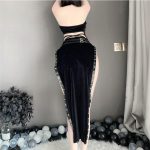 Women's  sexy high slit cheongsam underwear lace mesh velvet Chinese dress - Image 2