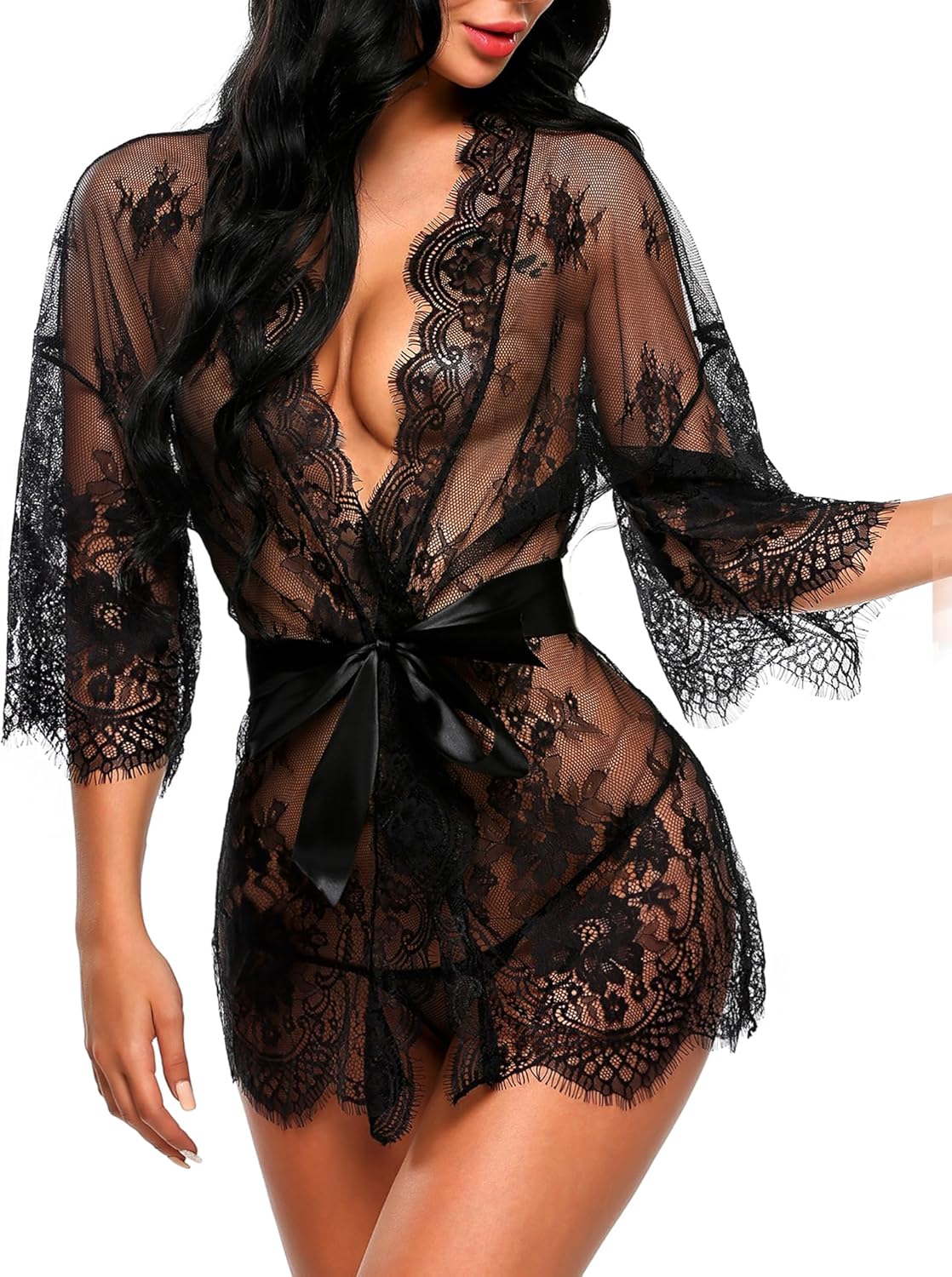 8181ywvWmVL._AC_SL1500_.jpg Women's Lace Kimono Robe Babydoll Lingerie Mesh Nightgown S-5XL - Image 1